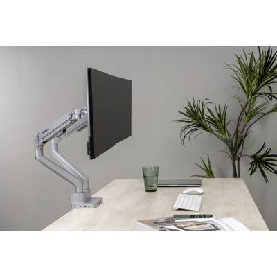 Ein moderner Arbeitsplatz mit einem höhenverstellbaren Monitorarm, Monitor, Tastatur, Maus und Pflanzen im Hintergrund auf einem Holztisch.