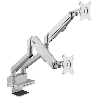 Ein doppelter Monitorarm aus Metall für die Schreibtischmontage. Er hat verstellbare Gelenke und integrierte USB-Anschlüsse an der Basis.