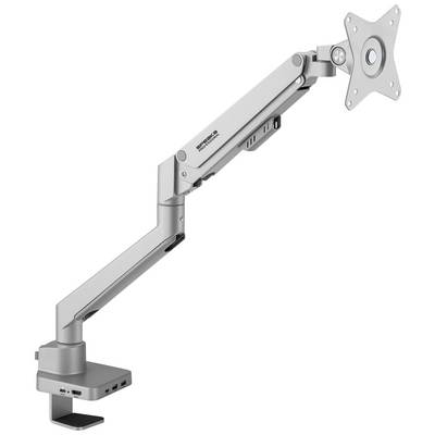 Höhenverstellbarer Monitorarm aus Metall, geeignet für Büros. Verfügt über USB-Anschlüsse und wird an der Tischkante befestigt.