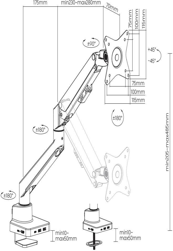 Diagramm eines Monitorarms mit Abmessungen: Höhe 295-485 mm, Auszug 230-280 mm, Neigung ±45°, Schwenkbereich ±180°.