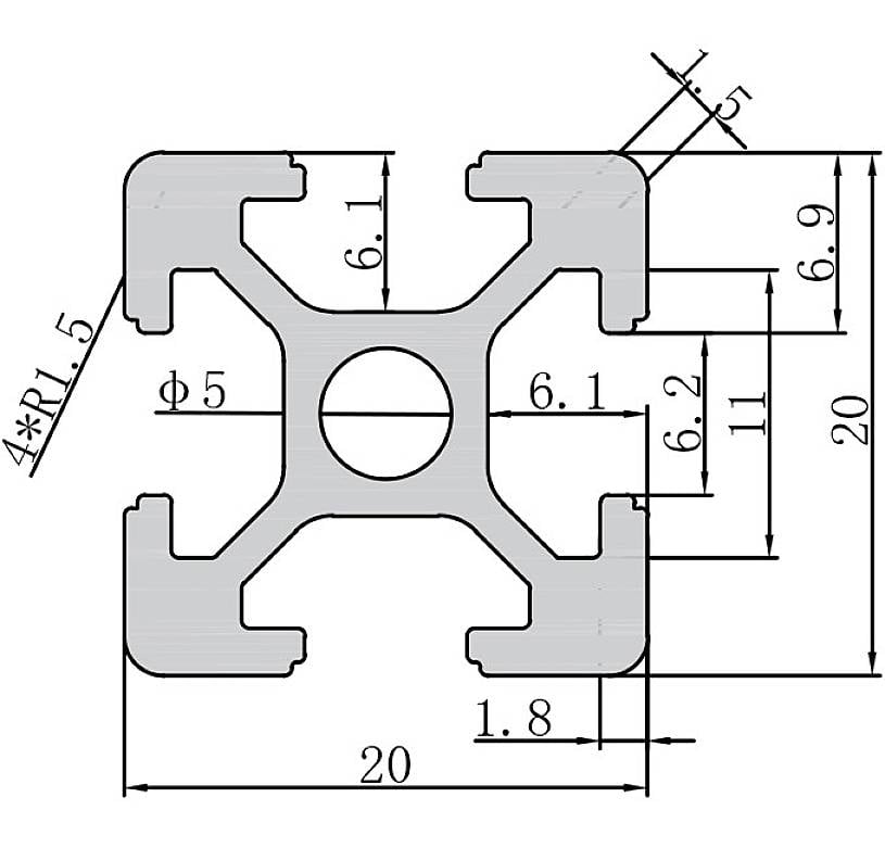 Technische Zeichnung eines Aluminiumprofil-Querschnitts mit den Maßen: 20x20 mm, Aussparungen 6,1 mm, zentraler Kreis Ø 5 mm.