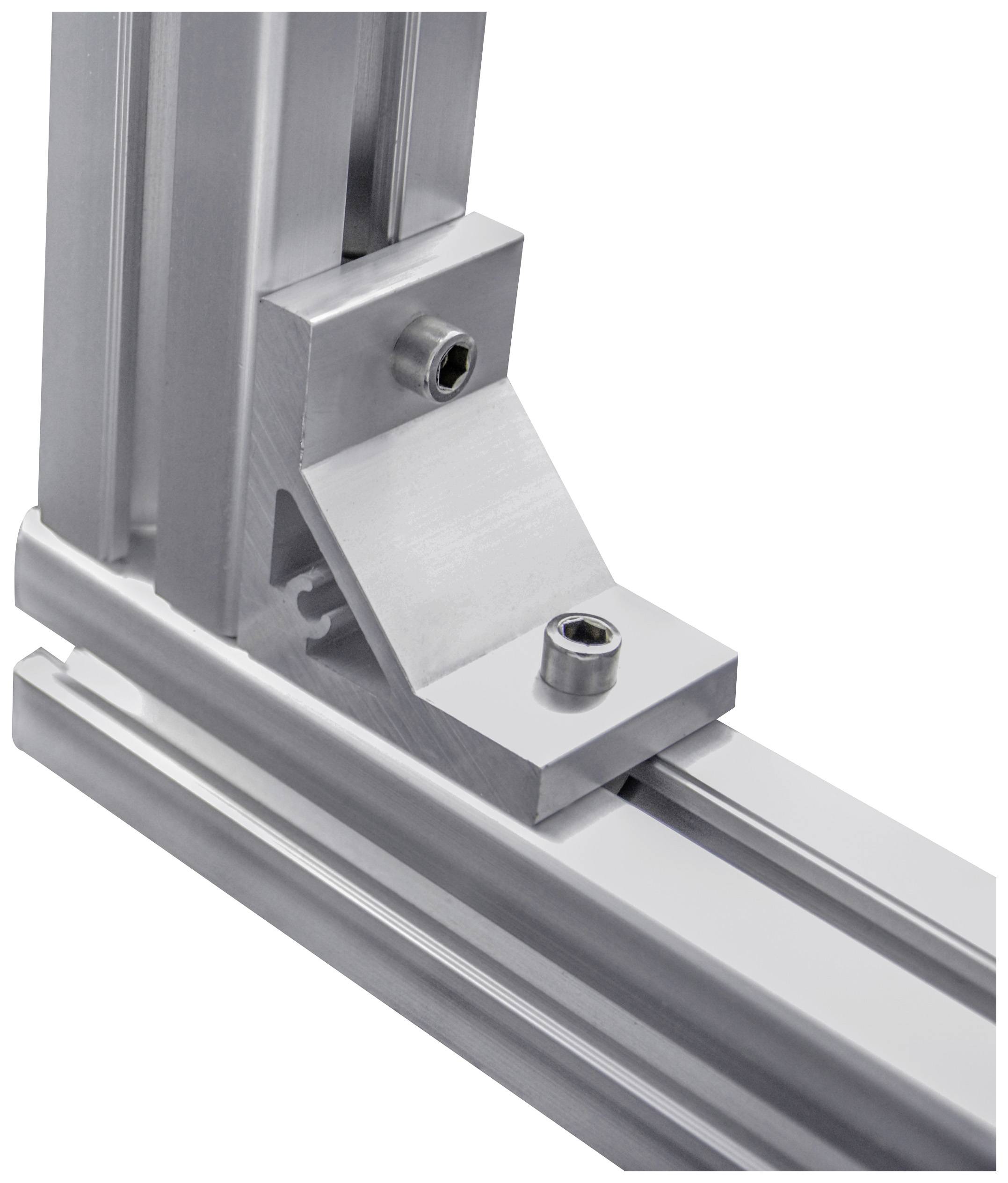 'Eckverbindung aus Aluminiumprofilen mit zwei Schrauben, die Stabilität und Halt bieten.'