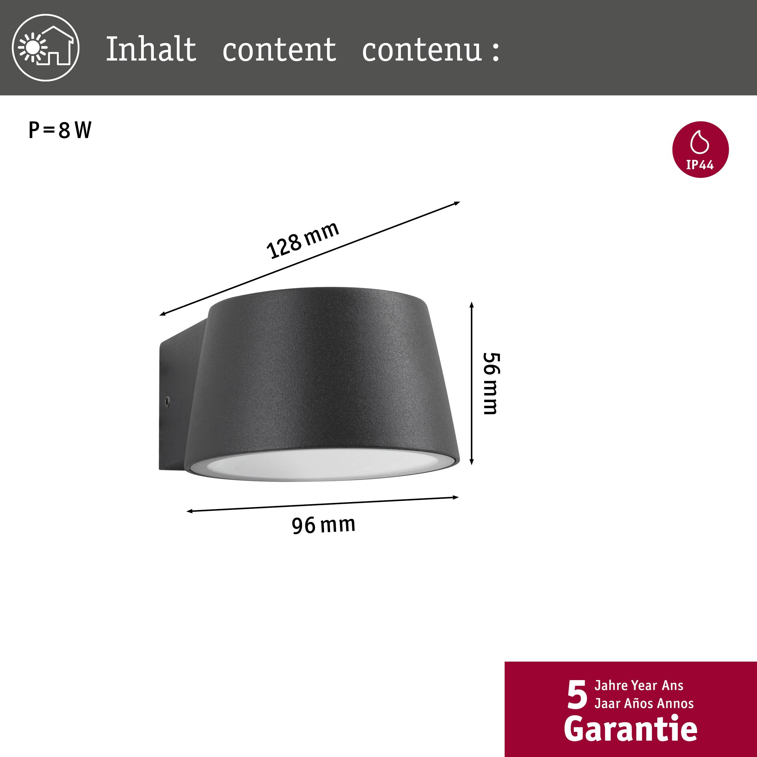 'Scharze LED-Außenleuchte, 8W, IP44, Maße: 128x96x56 mm, 5 Jahre Garantie.'