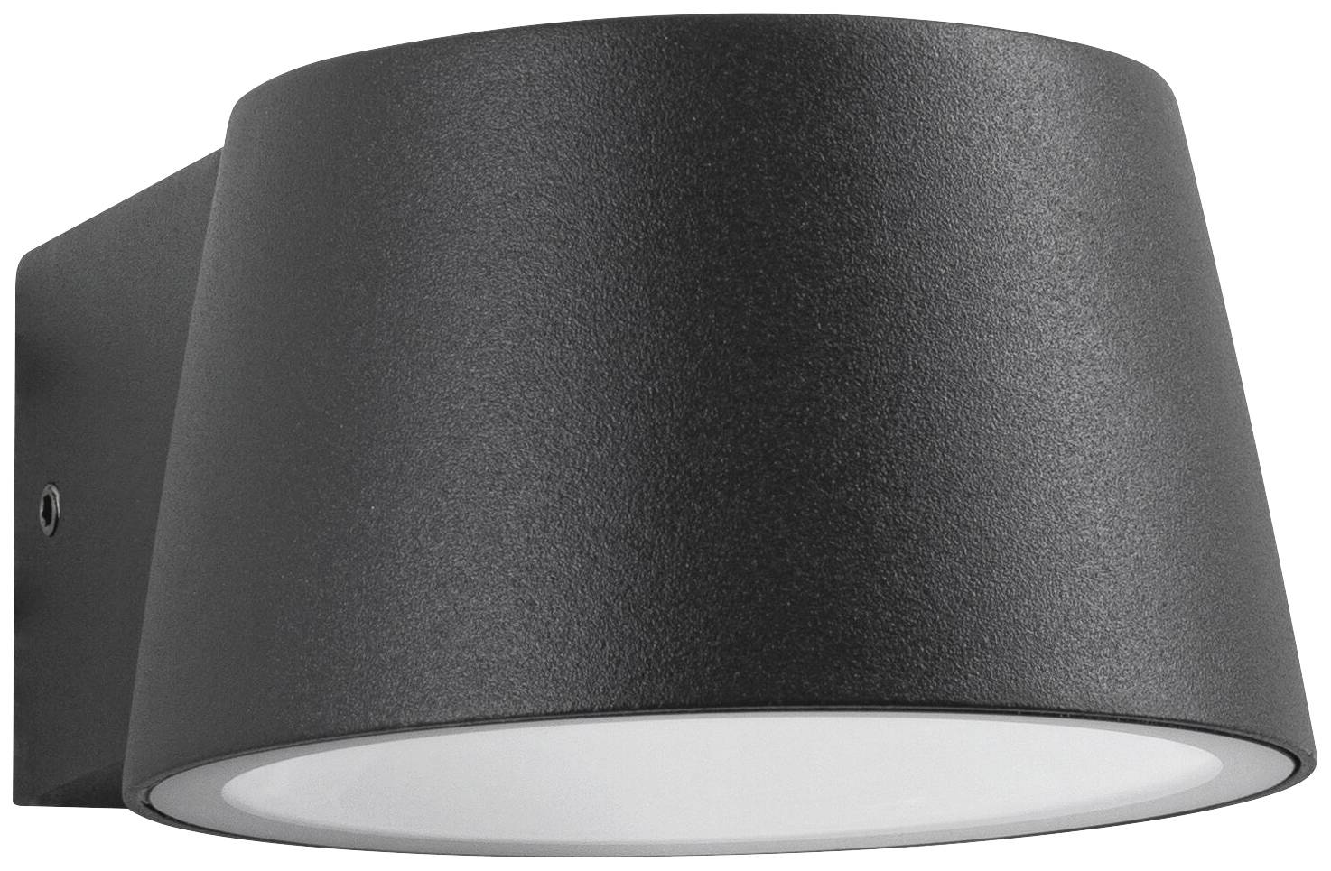 Schwarze, zylindrische Außenwandleuchte mit nach unten gerichtetem Licht. Geeignet für moderne Gebäudefassaden.