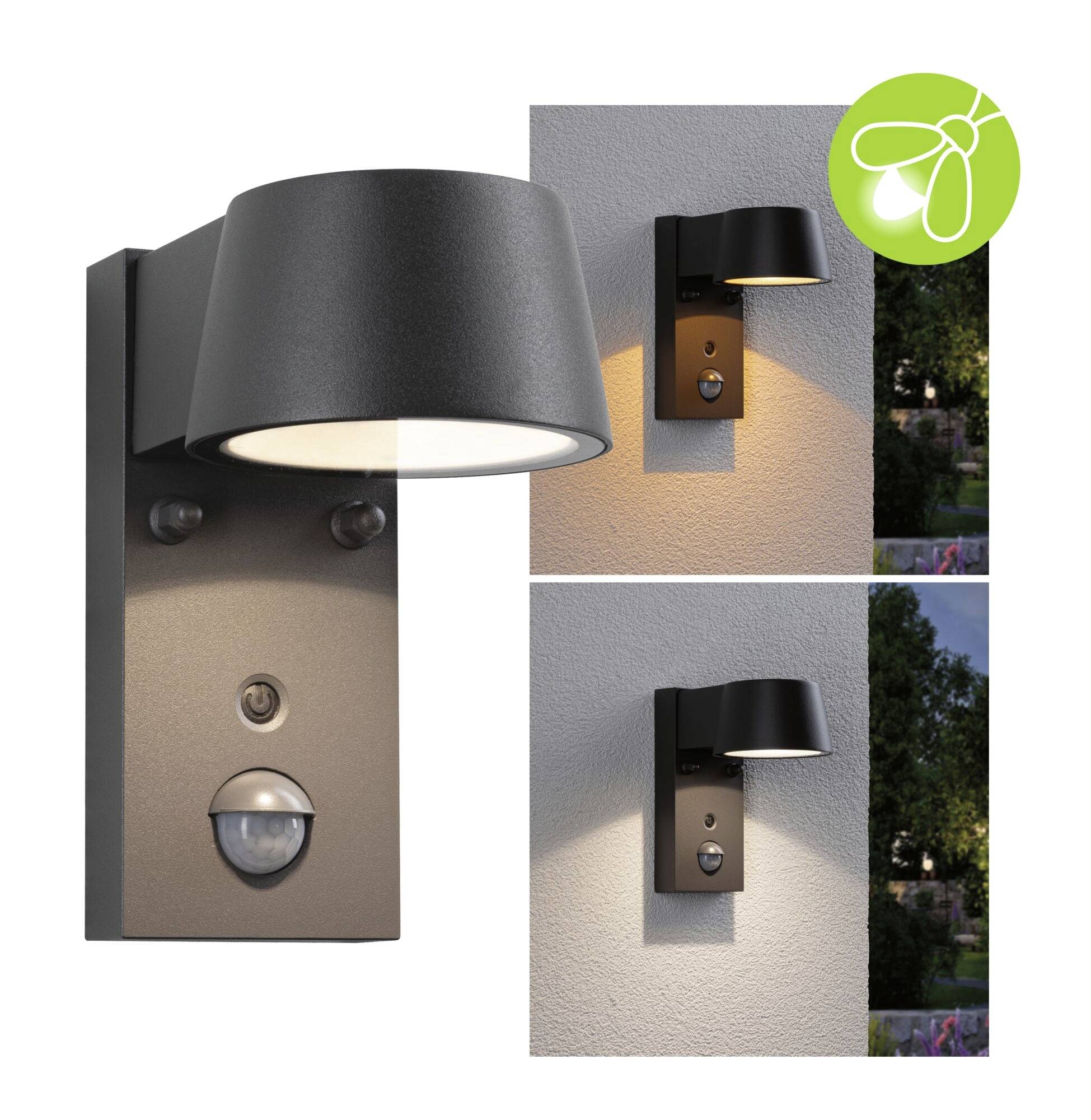 Außenwandleuchte mit Bewegungssensor; spendet warmweißes Licht. Geeignet für den Garten oder die Terrasse. Umweltfreundliches Design.