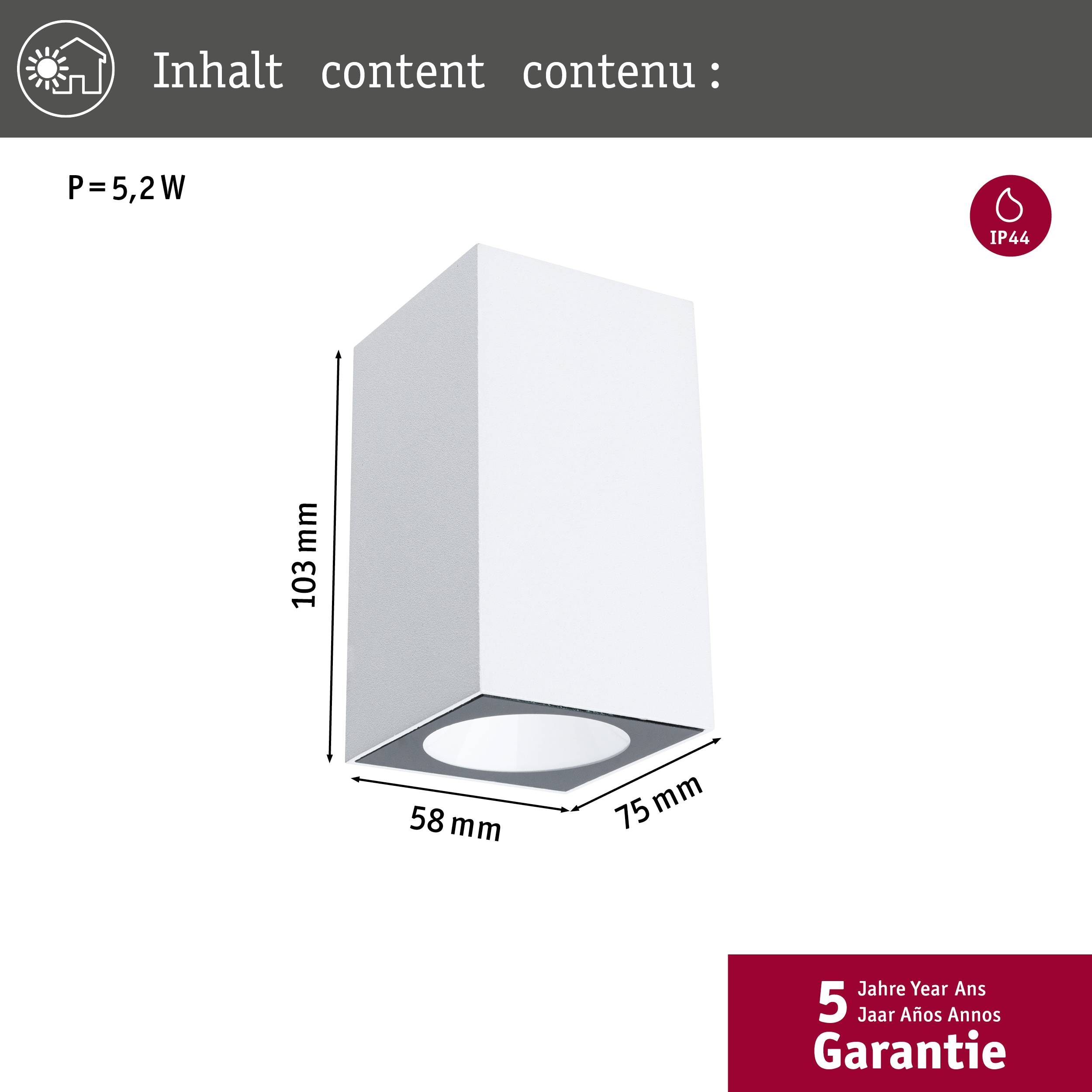 Wandleuchte in Weiß mit den Maßen 103 mm x 75 mm x 58 mm, Leistung 5,2 W, Schutzart IP44, 5 Jahre Garantie.