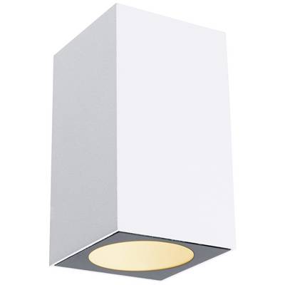 Weiße Wandleuchte mit rechteckigem Gehäuse und LED-Licht an der Unterseite; modernes, minimalistisches Design für Innenräume.