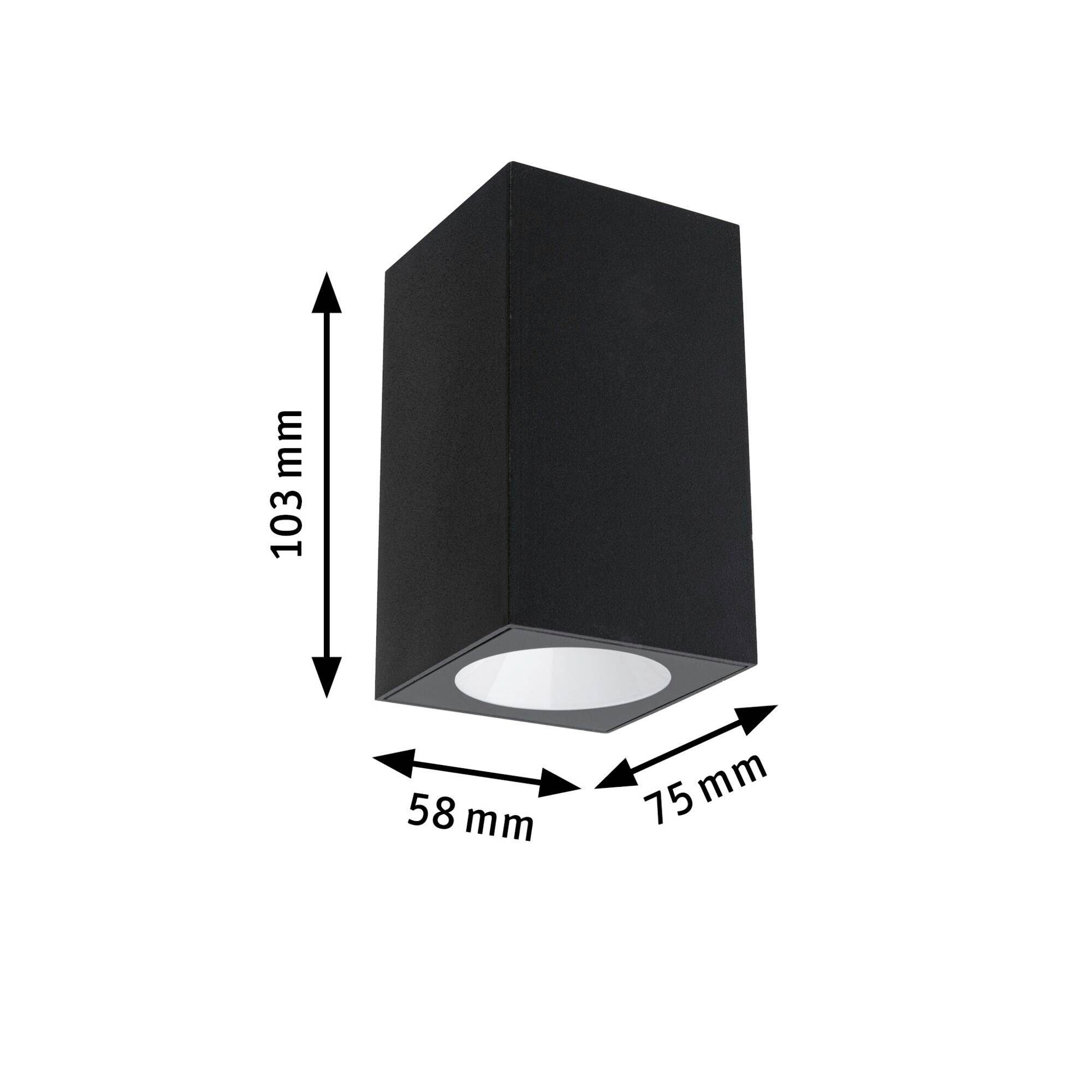 Schwarze, rechteckige Deckenlampe mit den Maßen: Höhe 103 mm, Breite 58 mm, Länge 75 mm.