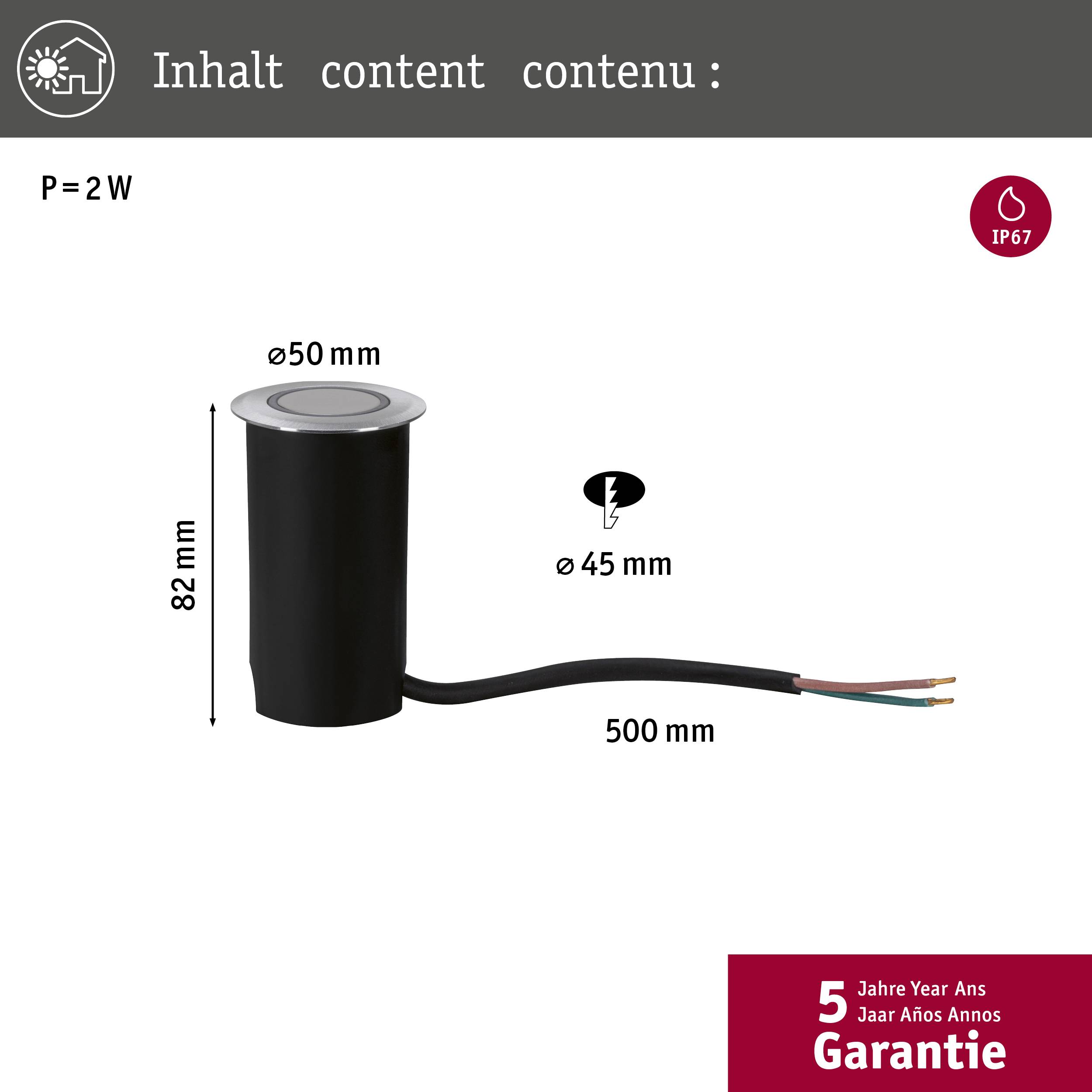 Ein zylindrischer, schwarzer LED-Bodeneinbaustrahler mit Kabeln, 82 mm hoch, 50 mm Durchmesser, Schutzart IP67 für Außenbereich.