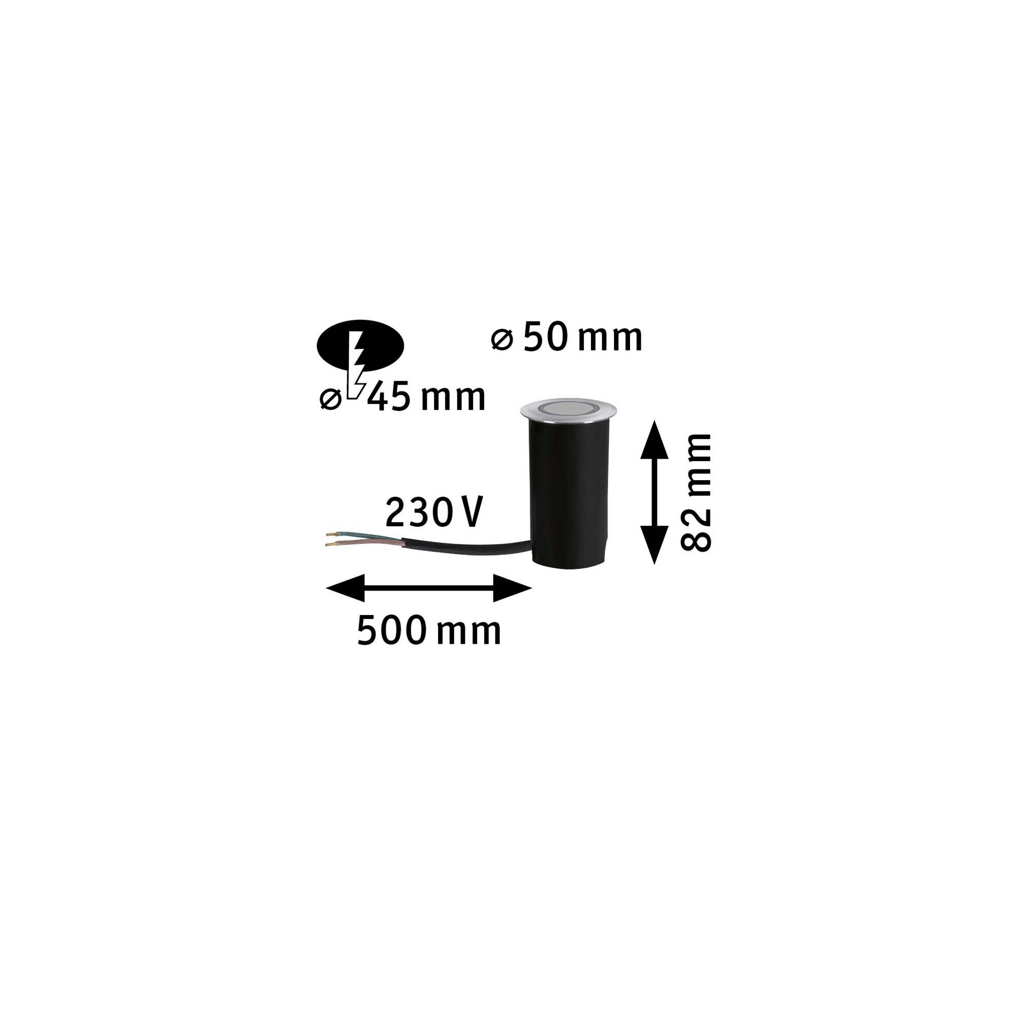Zylinderförmige schwarze Leuchte mit einem Durchmesser von 50 mm und einer Höhe von 82 mm. Spannung: 230 V. Kabel: 500 mm lang.