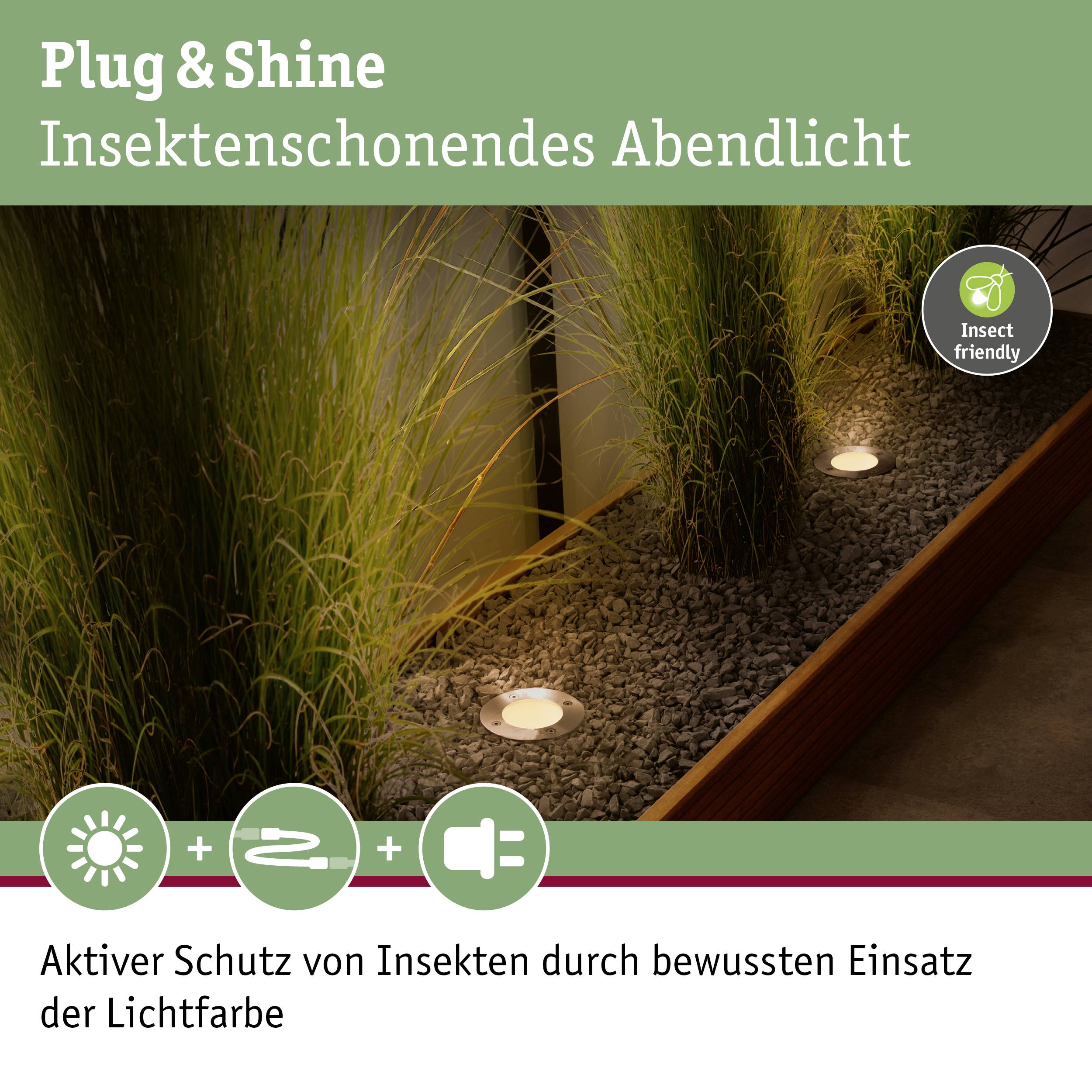 'Plug & Shine' abendliche Gartenbeleuchtung mit insektenfreundlichem Licht. Schilderung: Schutz von Insekten durch angepasste Lichtfarbe.