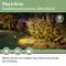 'Plug & Shine Insektenschonendes Abendlicht' und 'Aktiver Schutz von Insekten durch bewussten Einsatz der Lichtfarbe'. Gartenpflanzen beleuchtet.