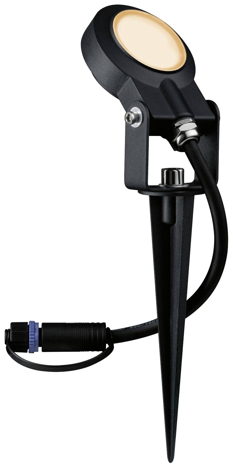 Schwarze Außenleuchte mit Erdspieß und Kabel. Sie hat einen runden, orangefarbenen Lampenschirm und ist für den Außenbereich geeignet.