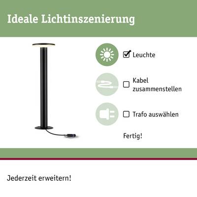 'Ideale Lichtinszenierung' oben. Bild zeigt eine Stehlampe mit Kabel und Stecker. Text beschreibt Schritte zur Einrichtung: Kabel zusammenstellen, Trafo auswählen, fertig.