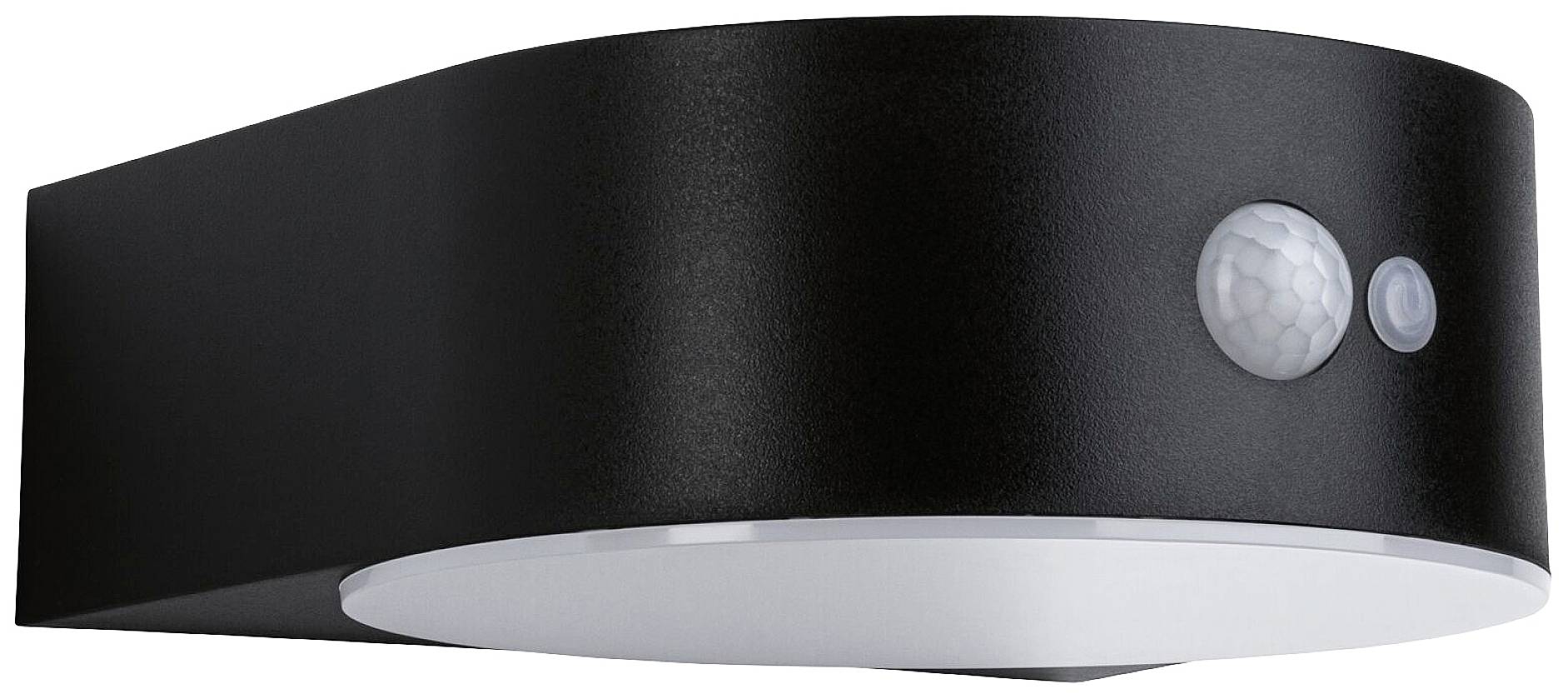 Schwarze Wandleuchte mit integriertem Bewegungssensor. Der Sensor besteht aus einem sichtbaren, kugelförmigen Element.