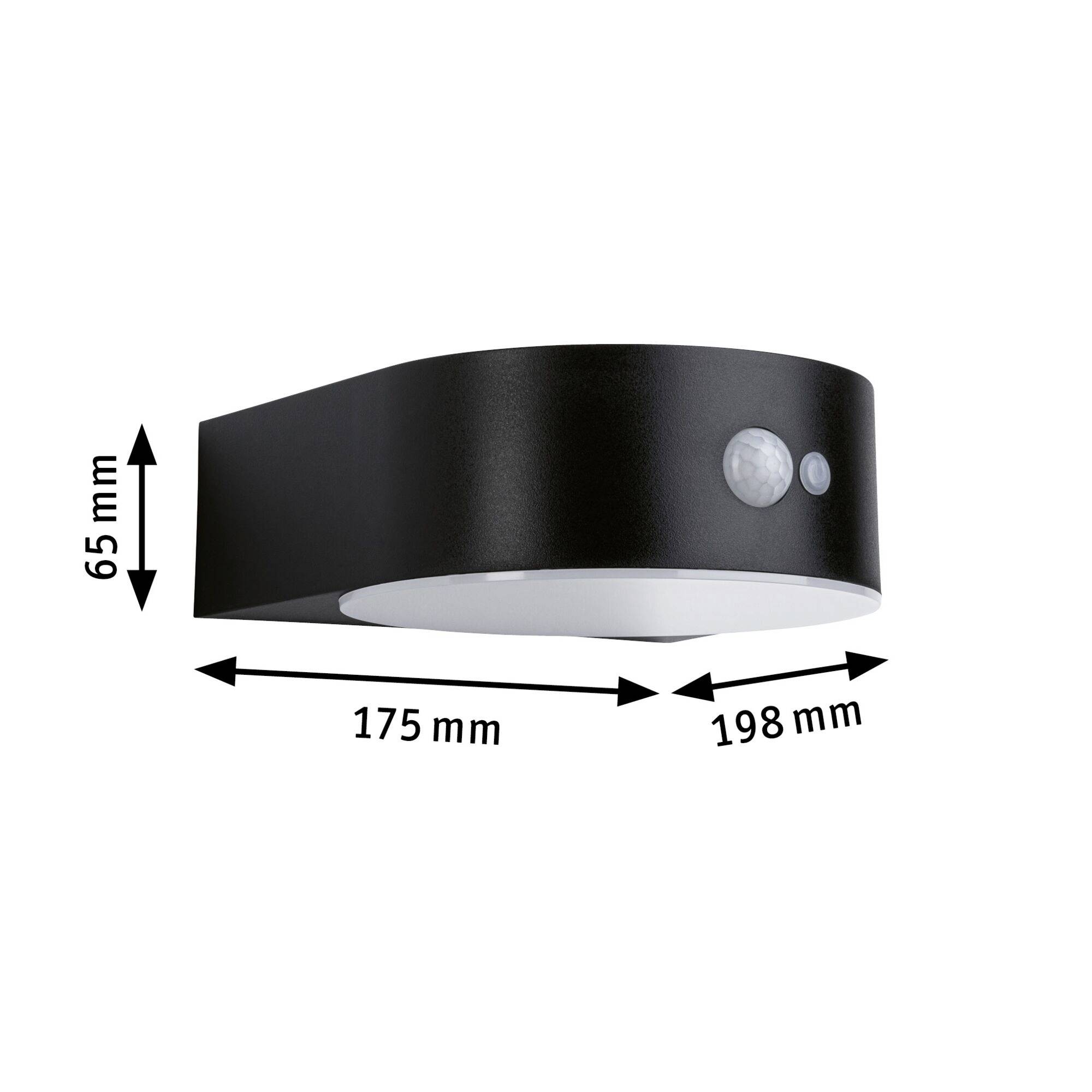 Schwarze Außenleuchte mit Sensor, Abmessungen: Höhe 65 mm, Breite 175 mm, Länge 198 mm, geeignet für Wandmontage.