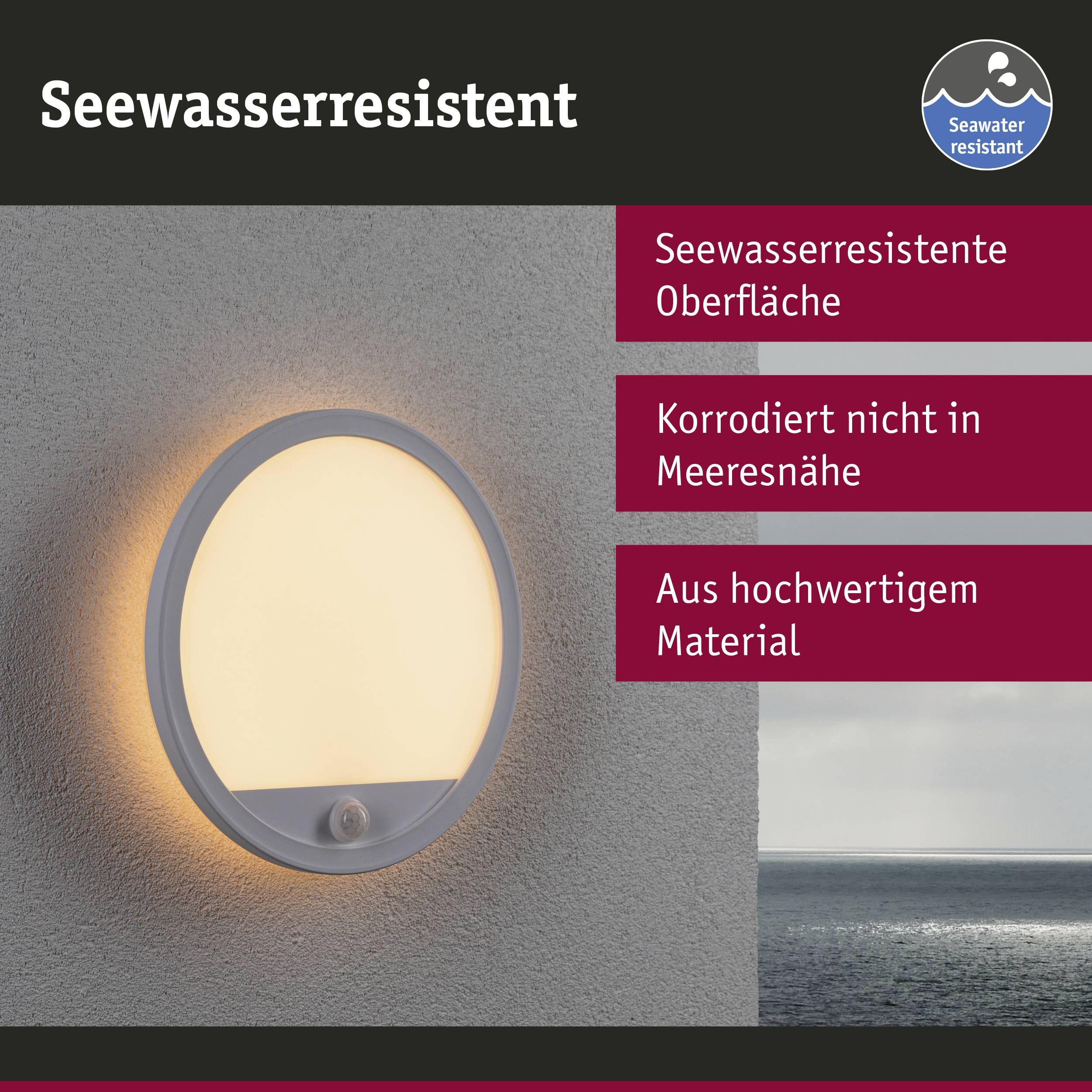 Eine Wandlampe mit seewasserresistenter Oberfläche leuchtet warm. Text: 'Seewasserresistent', 'Korrodieret nicht in Meeresnähe', 'Aus hochwertigem Material'.