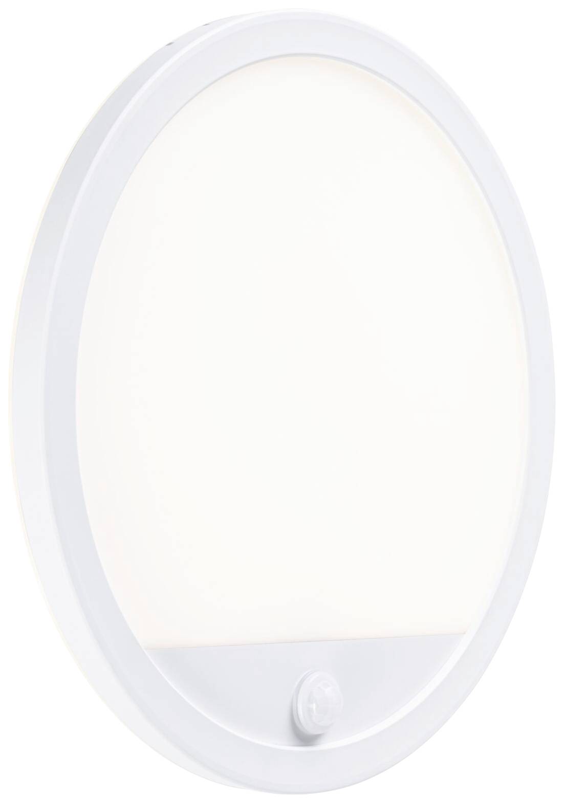 Runde Deckenleuchte mit Bewegungsmelder, weiße Umrandung, leuchtet hell; geeignet für Innenräume, moderne und schlichte Gestaltung.