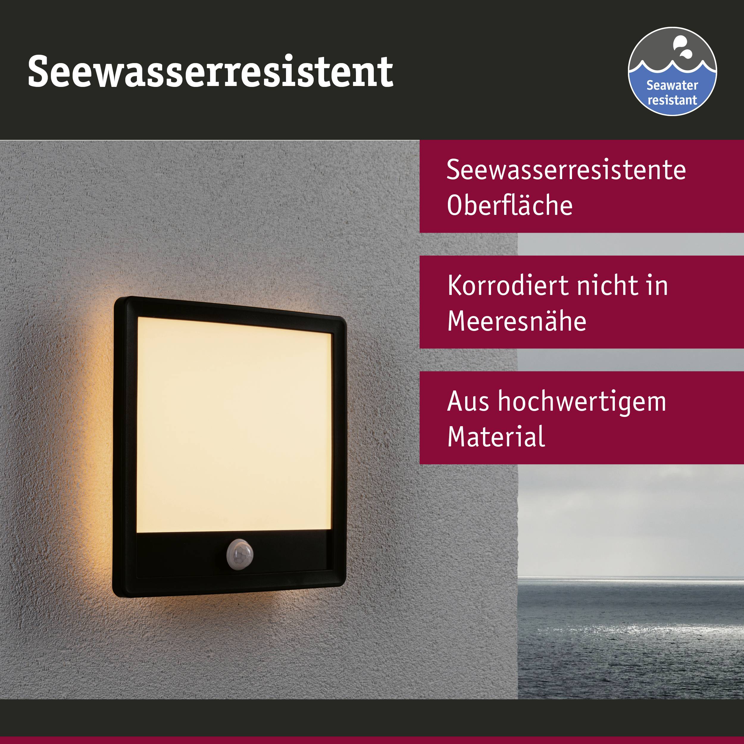Seewasserresistente Außenleuchte an einer Wand. Text: 'Seewasserresistent', 'Korrodiert nicht', 'Hochwertiger'. Meer im Hintergrund.