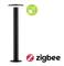 'Schwarze Stehlampe mit Zigbee-Technologie, integriertem LED-Farbwechsel, geeignet für Gartenbeleuchtung. Grünes Beleuchtungssymbol oben.'