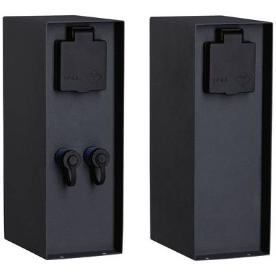 Zwei schwarze Outdoor-Steckdosen mit Schutzabdeckungen, jeweils mit zwei blauen Schaltern darunter, geeignet für IP44 Schutzart.