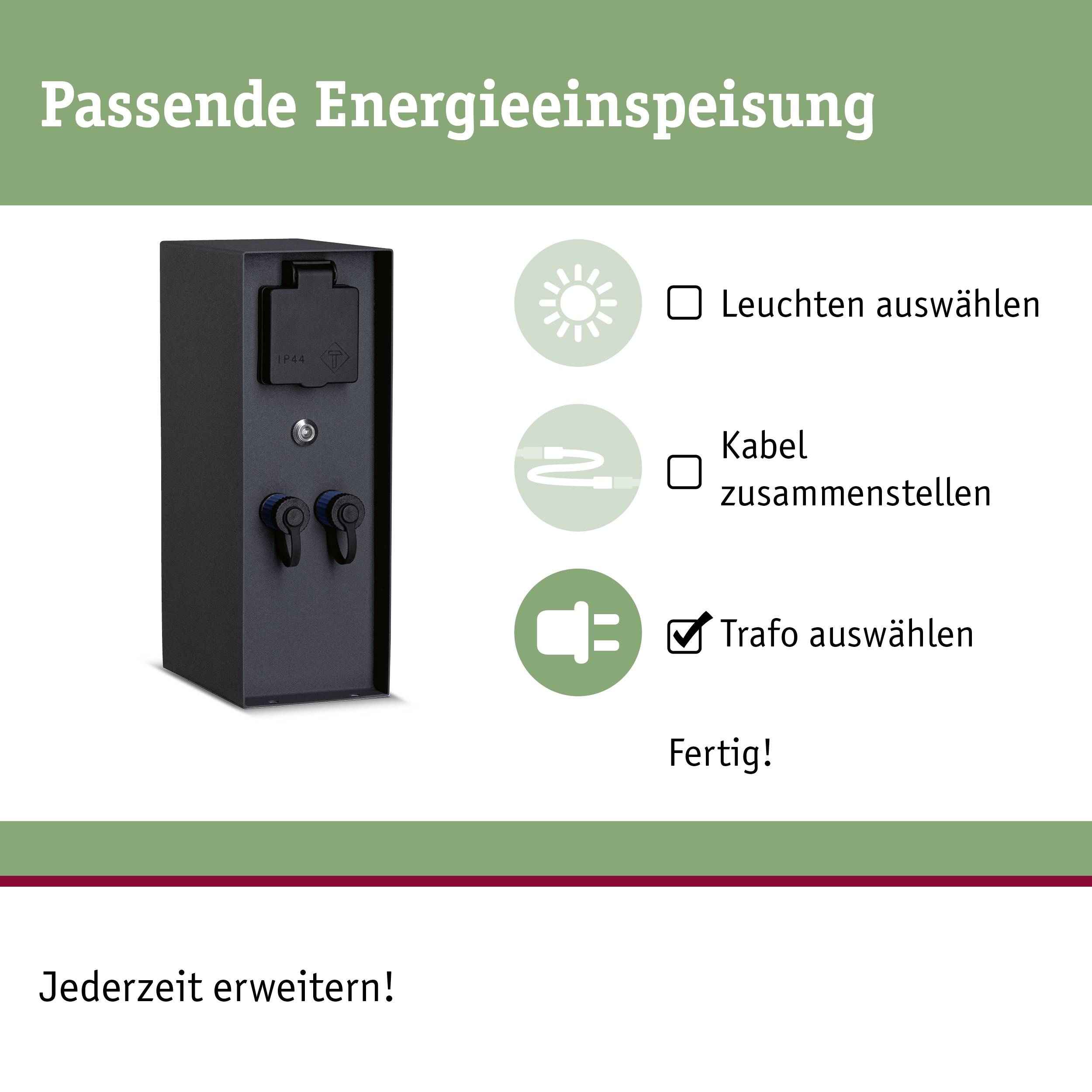 'Passende Energieeinspeisung' zeigt Optionen zur Auswahl von Leuchten, Kabeln und Trafo. Status: Fertig. Hinweis unten: 'Jederzeit erweitern!'