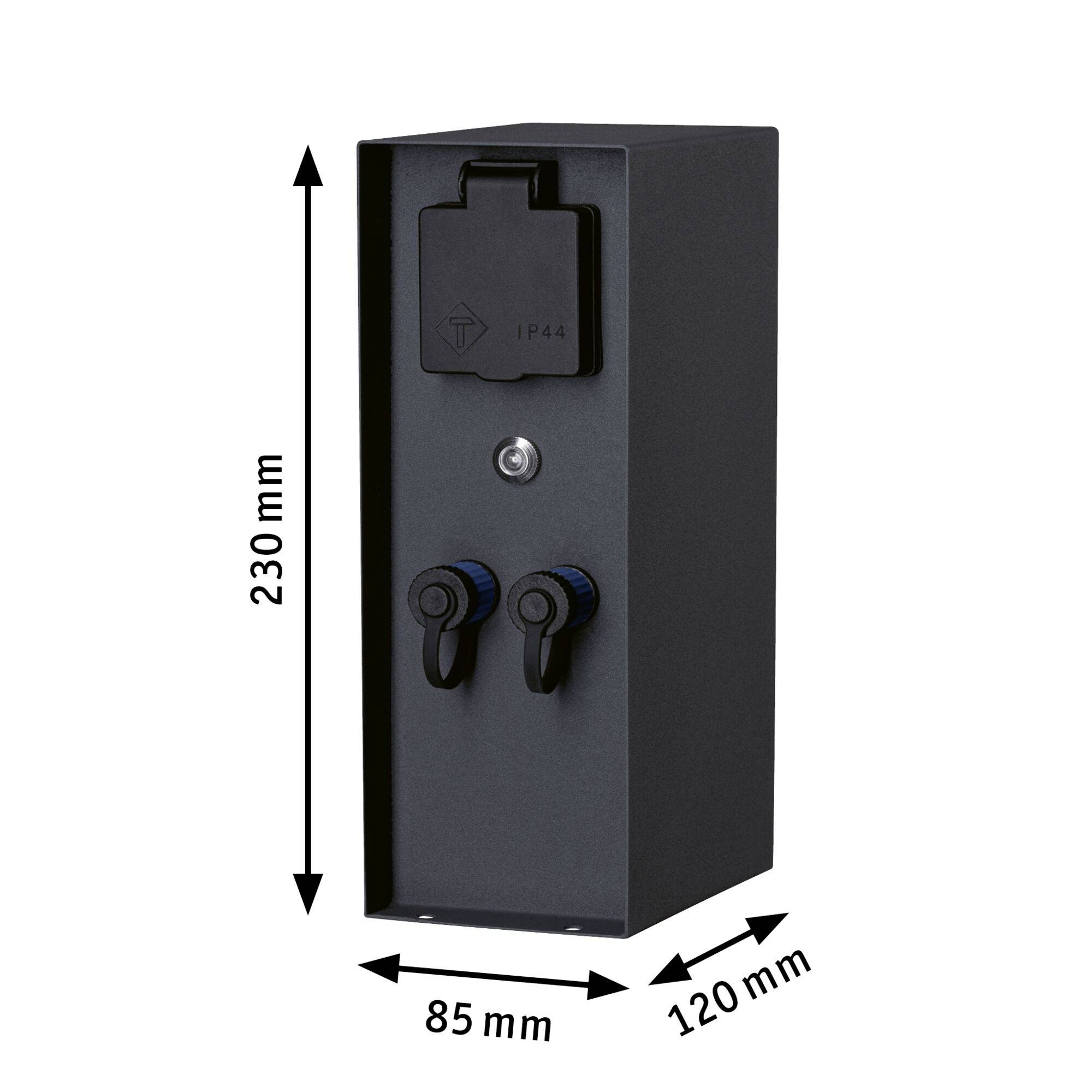 Eine schwarze Außensteckdosenstation mit zwei Steckdosen und einem Schalter, Abmessungen: 230 mm hoch, 85 mm tief, 120 mm breit.