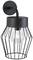 Eine schwarze Wandlampe mit einem durchsichtigen Glaszylinder und einer offenen Metallverkleidung im modernen Design.