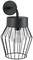 Schwarze Wandlampe im modernen Käfigdesign mit sichtbarer Glühbirne, geeignet für Innen- und Außenbereiche.