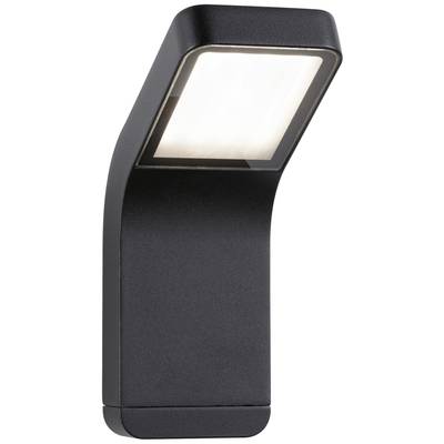 Schwarze, moderne Außenwandlampe mit rechteckigem, nach unten strahlendem Licht. Geeignet zur Beleuchtung von Außenbereichen.
