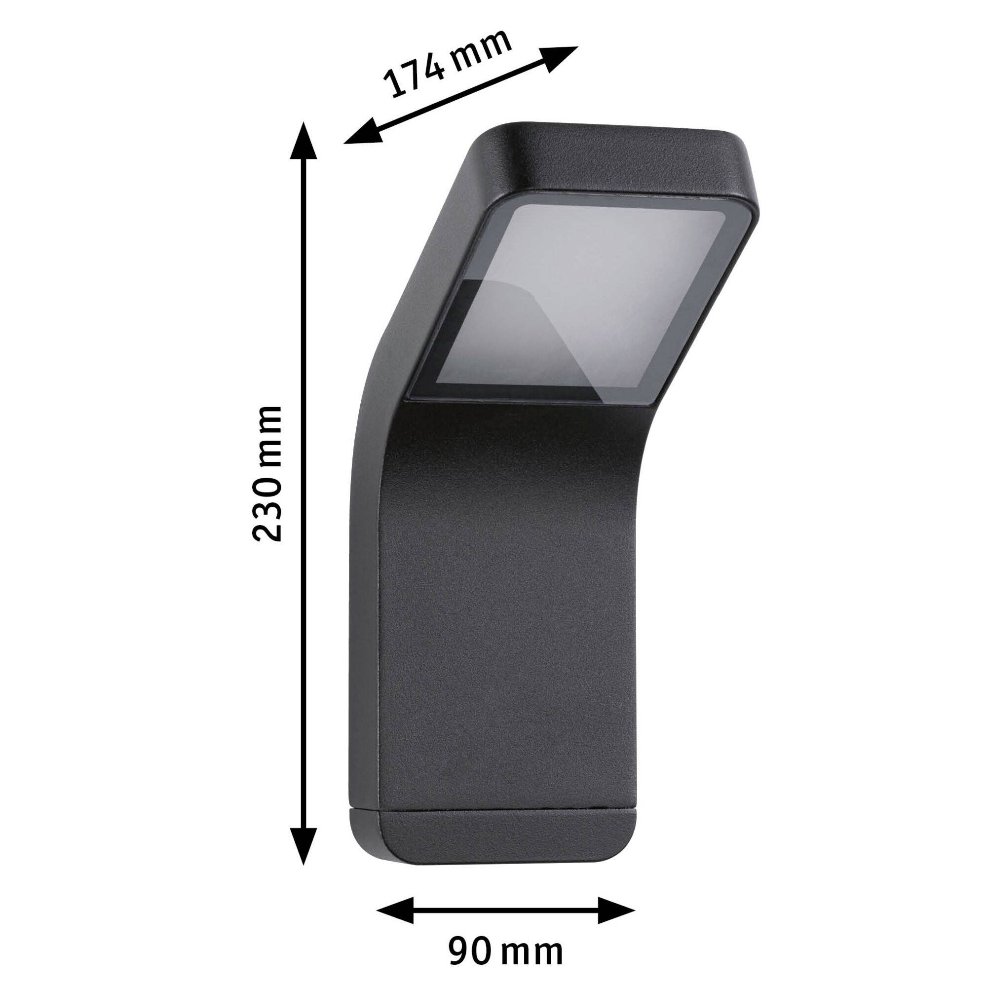 Eine schwarze LED-Wandleuchte mit gebogenem Design und den Maßen 230 mm Höhe, 174 mm Länge und 90 mm Breite.