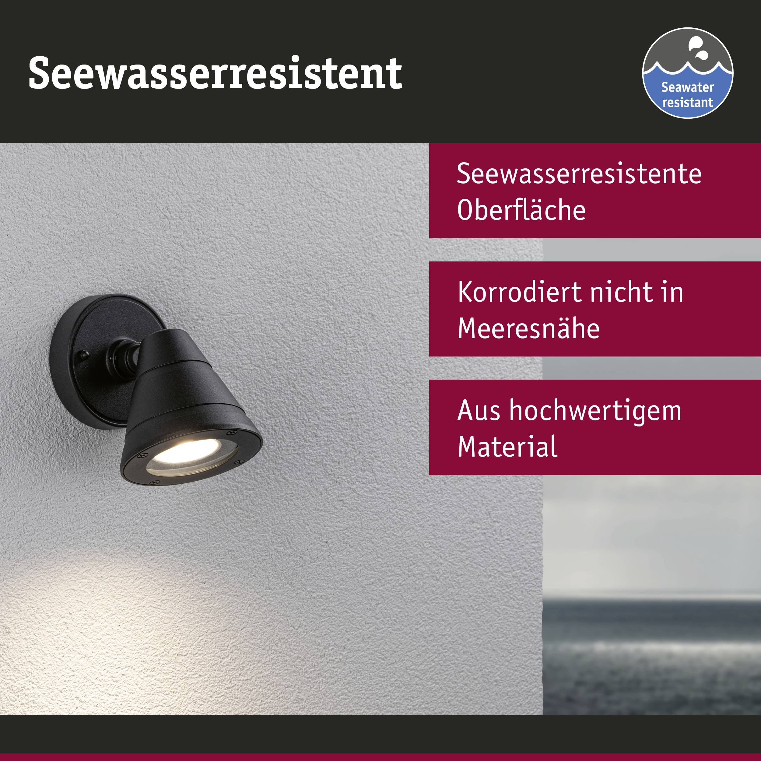 Außenleuchte an einer Wand, lichtspendend. Text besagt: 'Seewasserresistent, Oberfläche, Korrodiert nicht, Hochwertiges Material'.