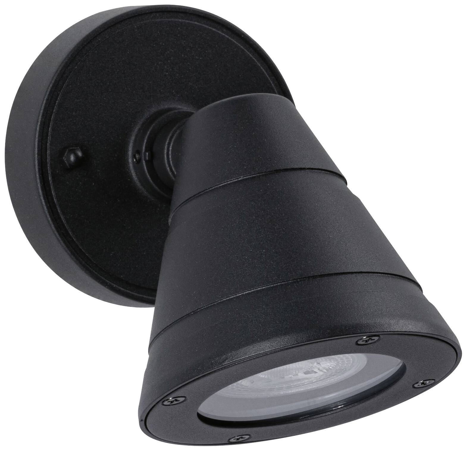 Schwarze, kegelförmige LED-Wandleuchte mit rundem Sockel, geeignet für den Außenbereich.