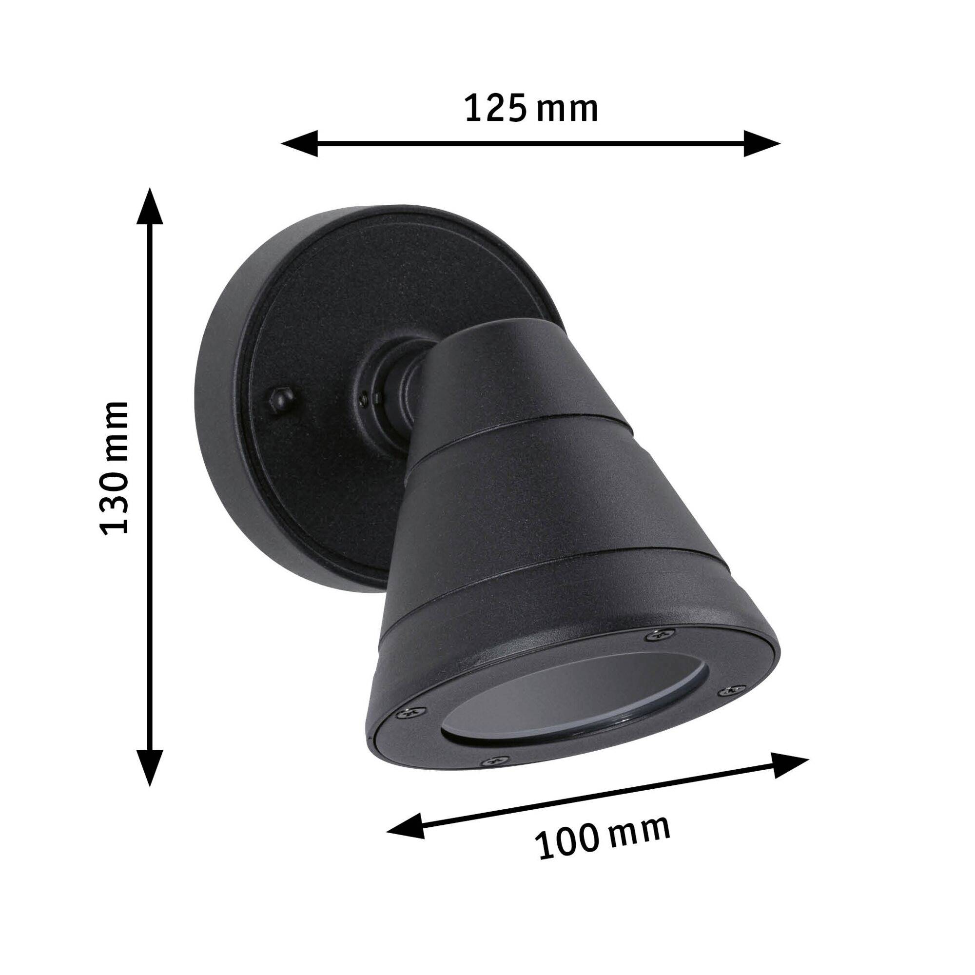 Schwarzer Außenstrahler mit verstellbaren Maßen: Breite 125 mm, Höhe 130 mm, Tiefe 100 mm. Geeignet für Wandmontage.
