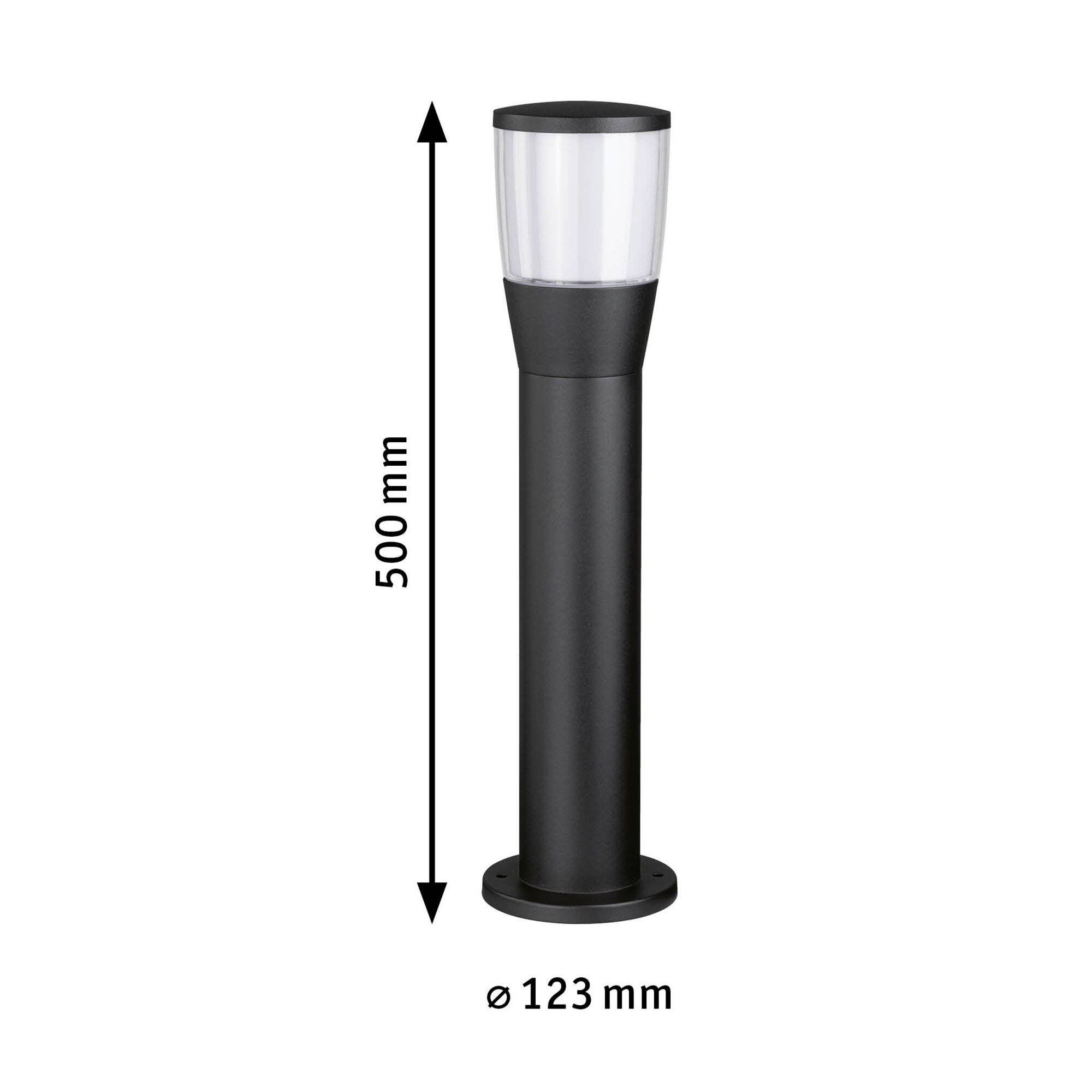 Eine schwarze Außenleuchte in Zylinderform, Höhe 500 mm, Durchmesser 123 mm. Gezeigt mit vertikalem Pfeil zum Hervorheben der Maße.
