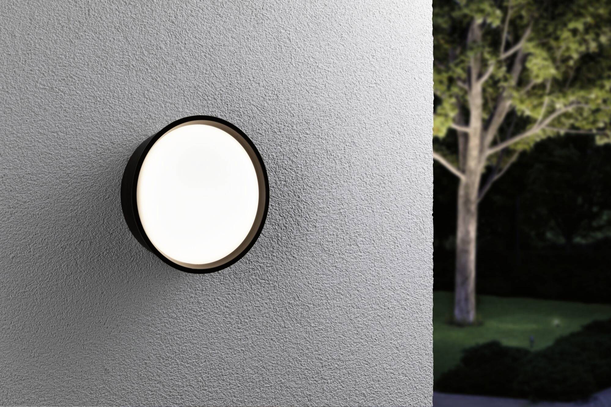 Moderne Außenlampe leuchtet an einer grauen Wand. Im Hintergrund ist ein Baum bei Dämmerung sichtbar.