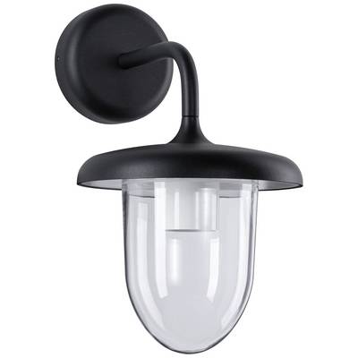 Schwarze Außenwandlampe mit gebogenem Arm und transparentem Lampenschirm.