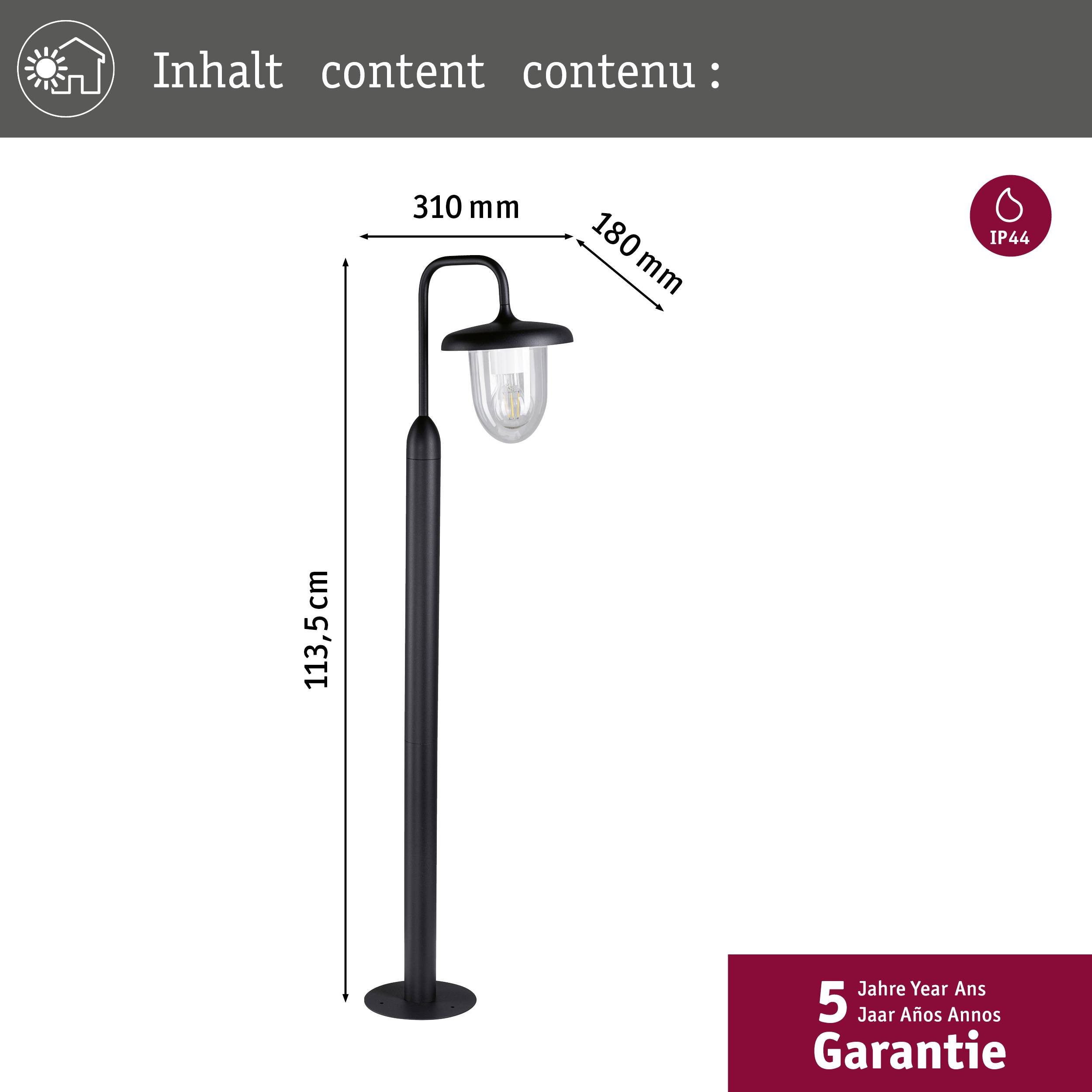 Eine schwarze Außenlaterne, 113,5 cm hoch, mit 310 mm Breite und 180 mm Tiefe. Kennzeichnung IP44 und 5 Jahre Garantie.