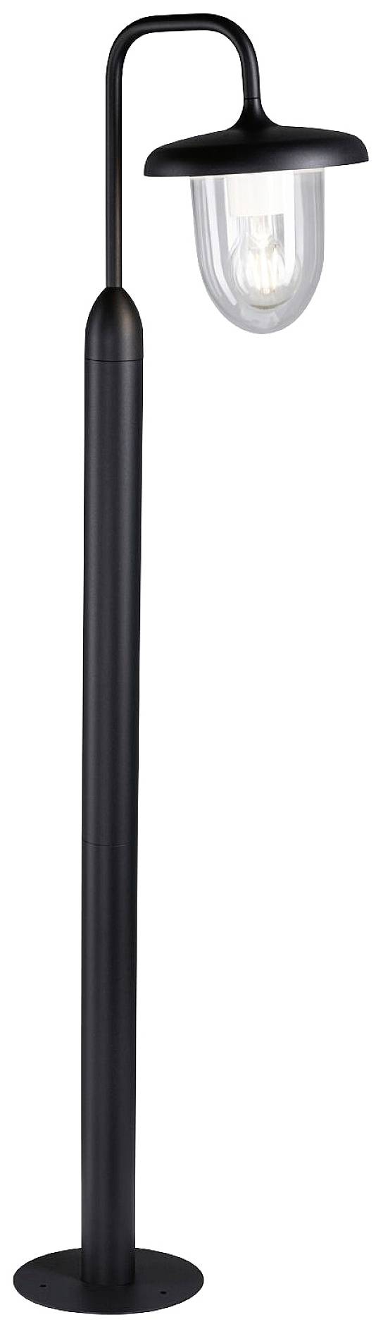 Eine schlanke, schwarze Außenlampe mit gebogenem Hals und Glaskuppel, die ein warmes Licht ausstrahlt.