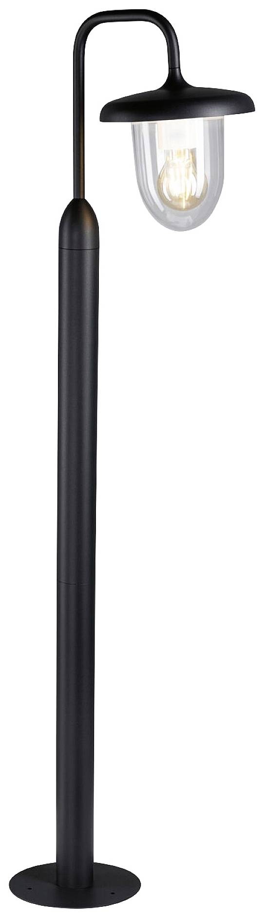 Eine schwarze Stehlampe mit gebogenem Hals und klarem Glaskopf, in dem eine Glühbirne sichtbar ist.