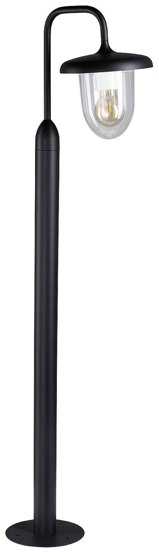 Eine schwarze Stehlampe mit gebogenem Arm und klarem Glasschirm. Sie hat einen sichtbaren Glühfaden und steht auf einer runden Basis.