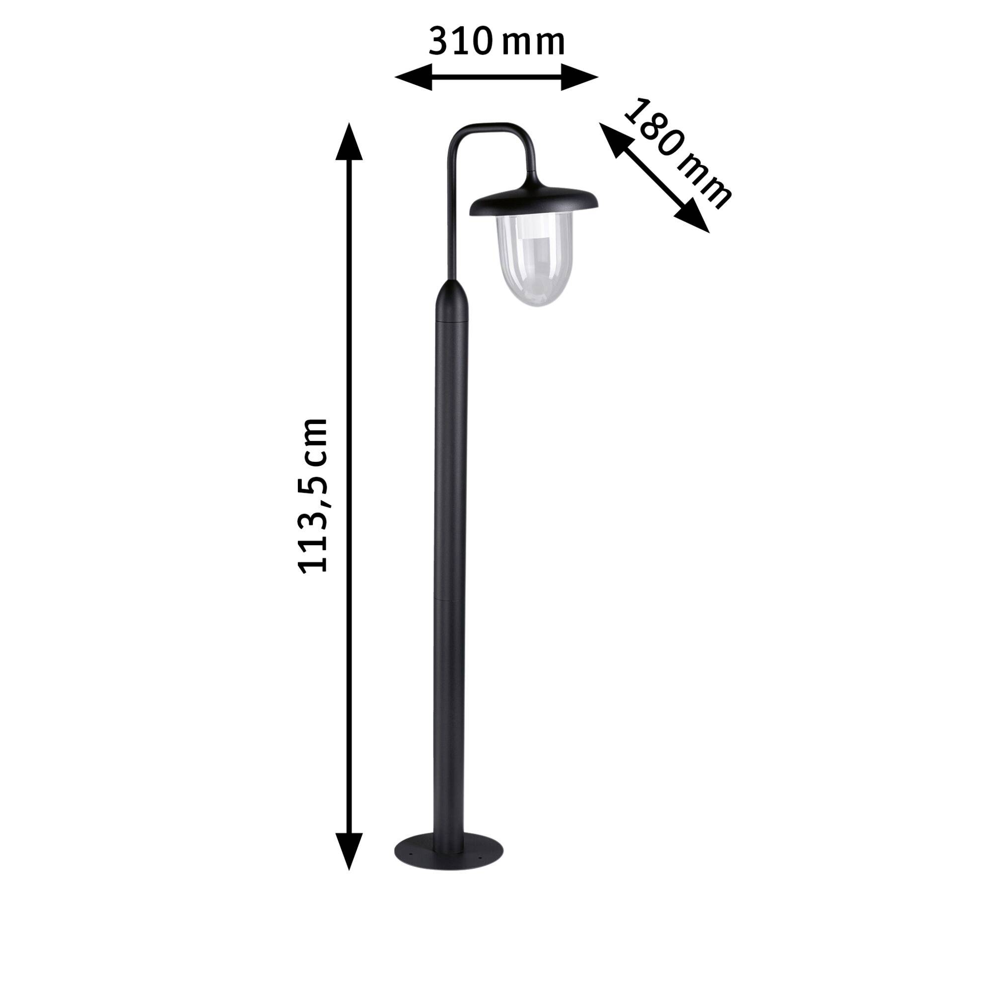 Auf dem Bild ist eine schwarze Außenleuchte zu sehen. Maße sind angegeben: Höhe 113,5 cm, Breite 310 mm, Tiefe 180 mm. Die Leuchte hat einen gebogenen Arm und eine klare Lampenabdeckung.