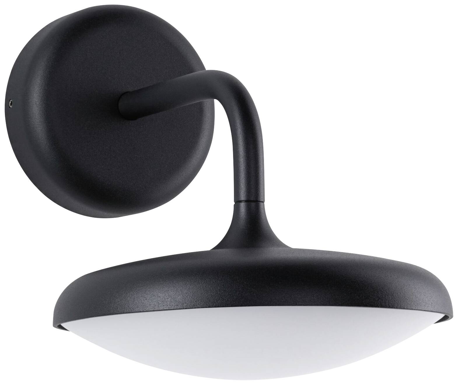 Schwarze Wandleuchte mit gebogenem Arm und weißem, halbkugelförmigem Lampenschirm, modern und minimalistisch gestaltet.