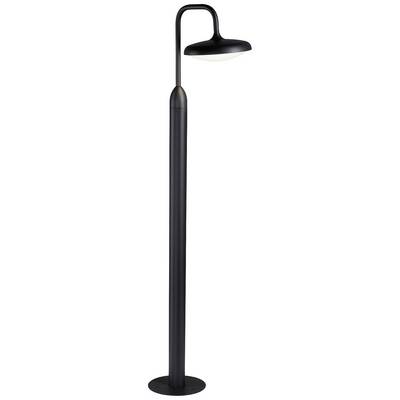 Stehlampe in modernem, schlankem Design, schwarz, auf kreisförmigem Sockel, mit gebogenem Lampenschirm nach unten gerichtet.