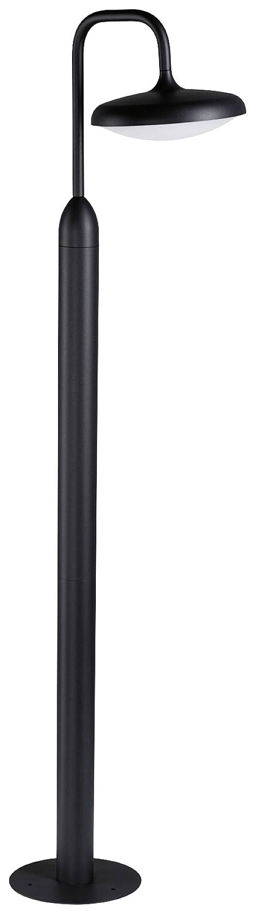 Schwarze, moderne Stehlampe mit gebogenem Hals und breitem, runden Lampenschirm. Geeignet für zeitgenössische Innenräume.