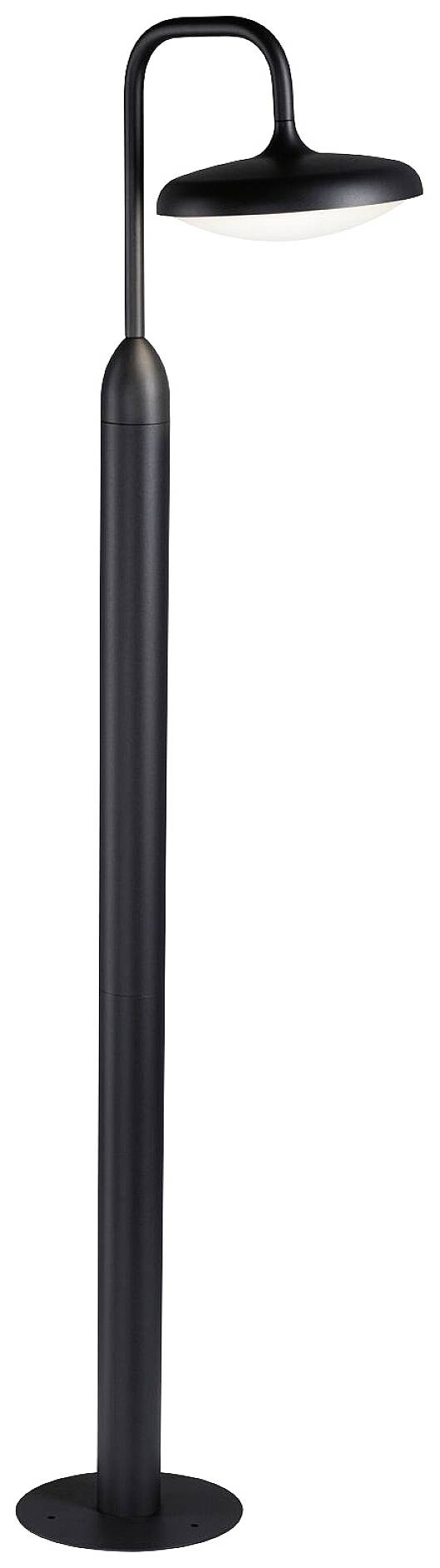 Schwarze, moderne Stehlampe mit geschwungenem Hals und flachem, rundem Lampenschirm. Ideal für zeitgenössische Innenräume.