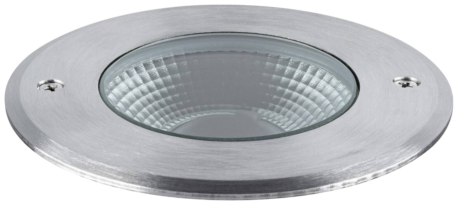 Runde Einbauleuchte aus Metall mit Glasabdeckung, geeignet für Bodenmontage.