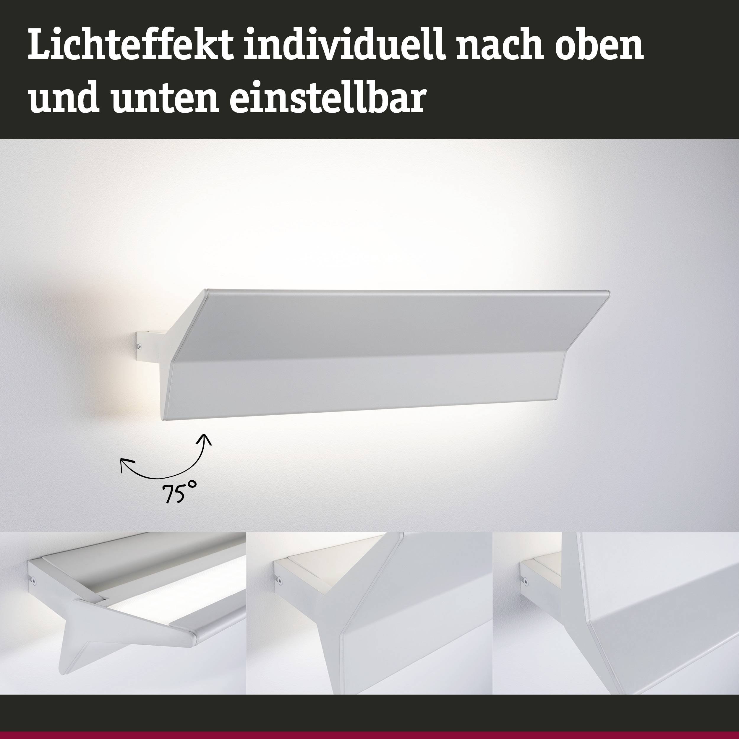 Die Grafik zeigt eine weiße Wandlampe, deren Lichteffekt im 75°-Winkel individuell nach oben und unten eingestellt werden kann.