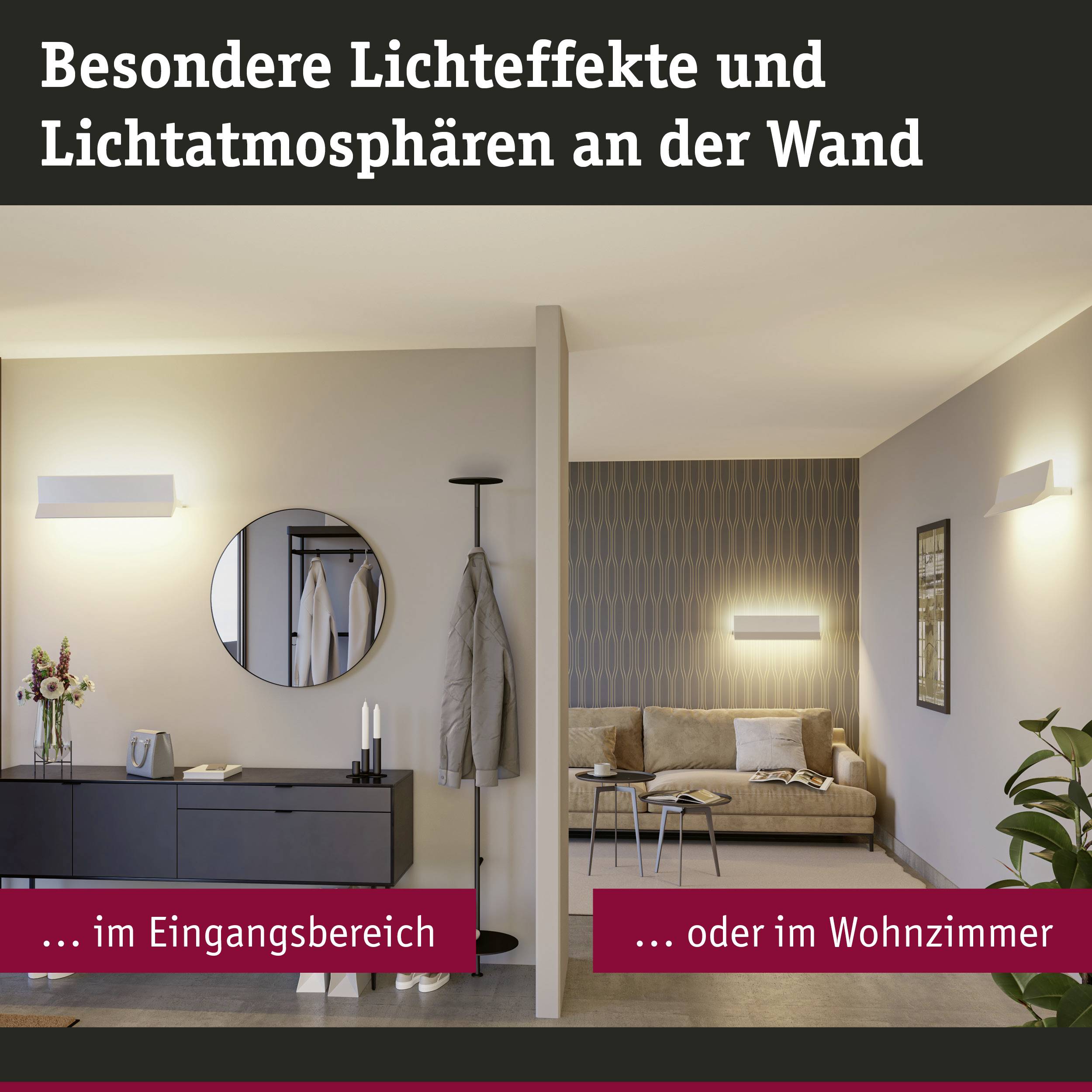 'Besondere Lichteffekte und Lichtatmosphären an der Wand' zeigt verschiedene Beleuchtungsoptionen in Flur und Wohnzimmerumgebung.