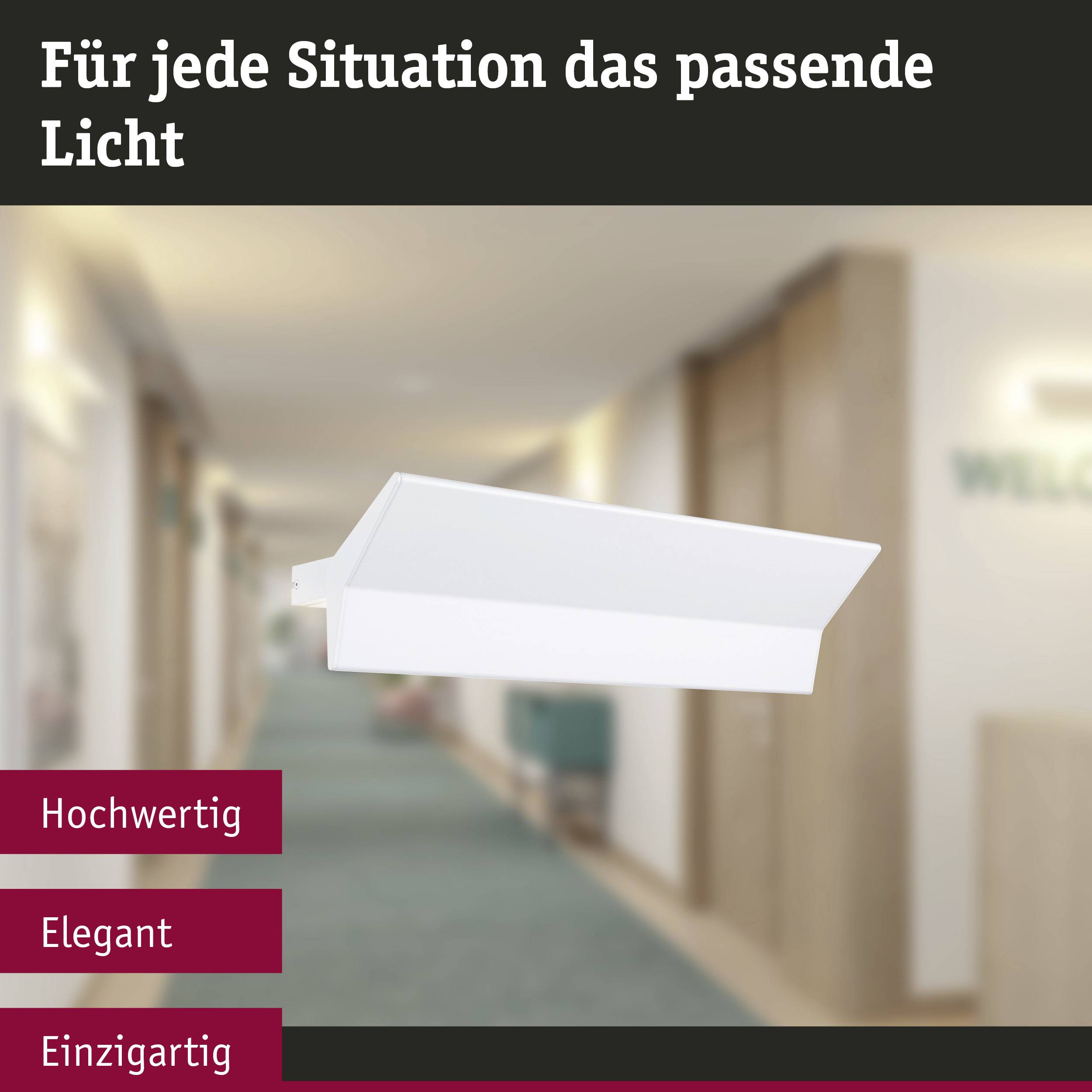 Eine moderne, weiße Deckenleuchte in einem eleganten Flur. Text darüber: 'Für jede Situation das passende Licht', darunter 'Hochwertig', 'Elegant', 'Einzigartig'.